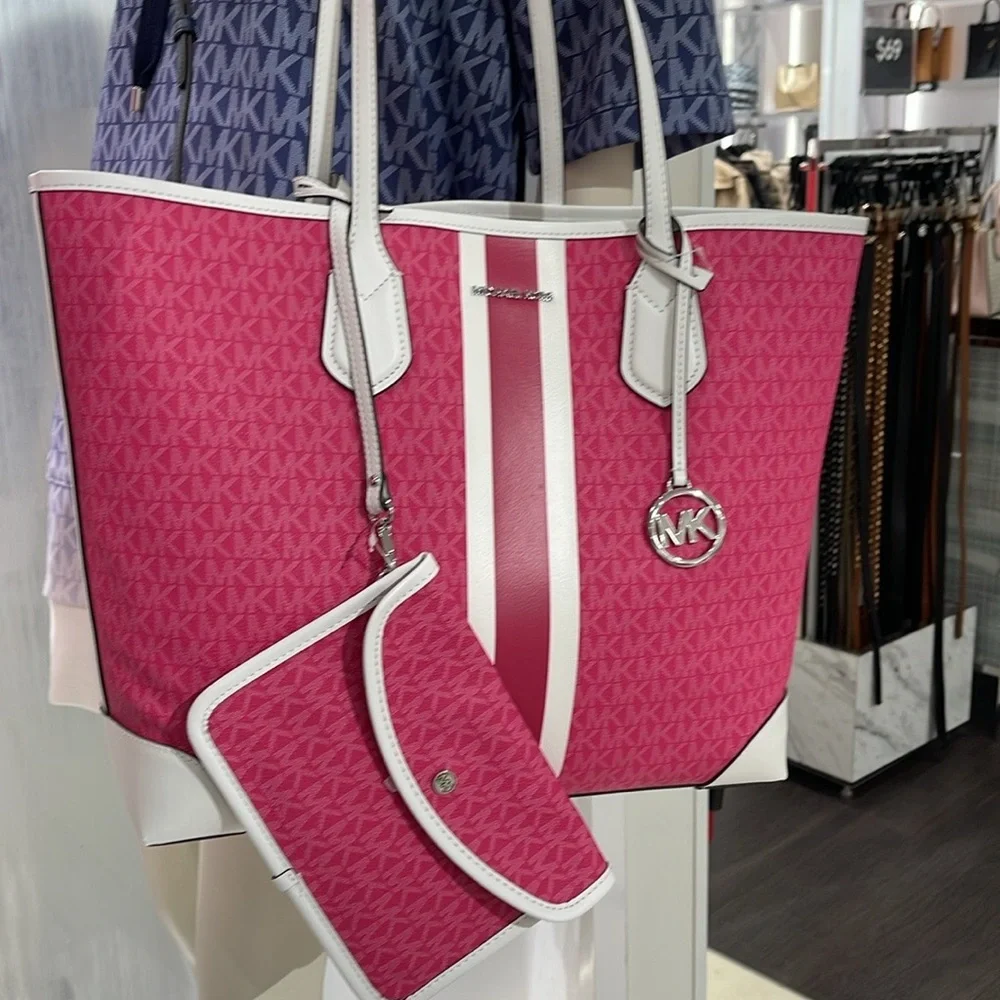Michael Kors Eva Large Signature Logo Stripe Shoulder Tote Bag Dragonfruit  NWT